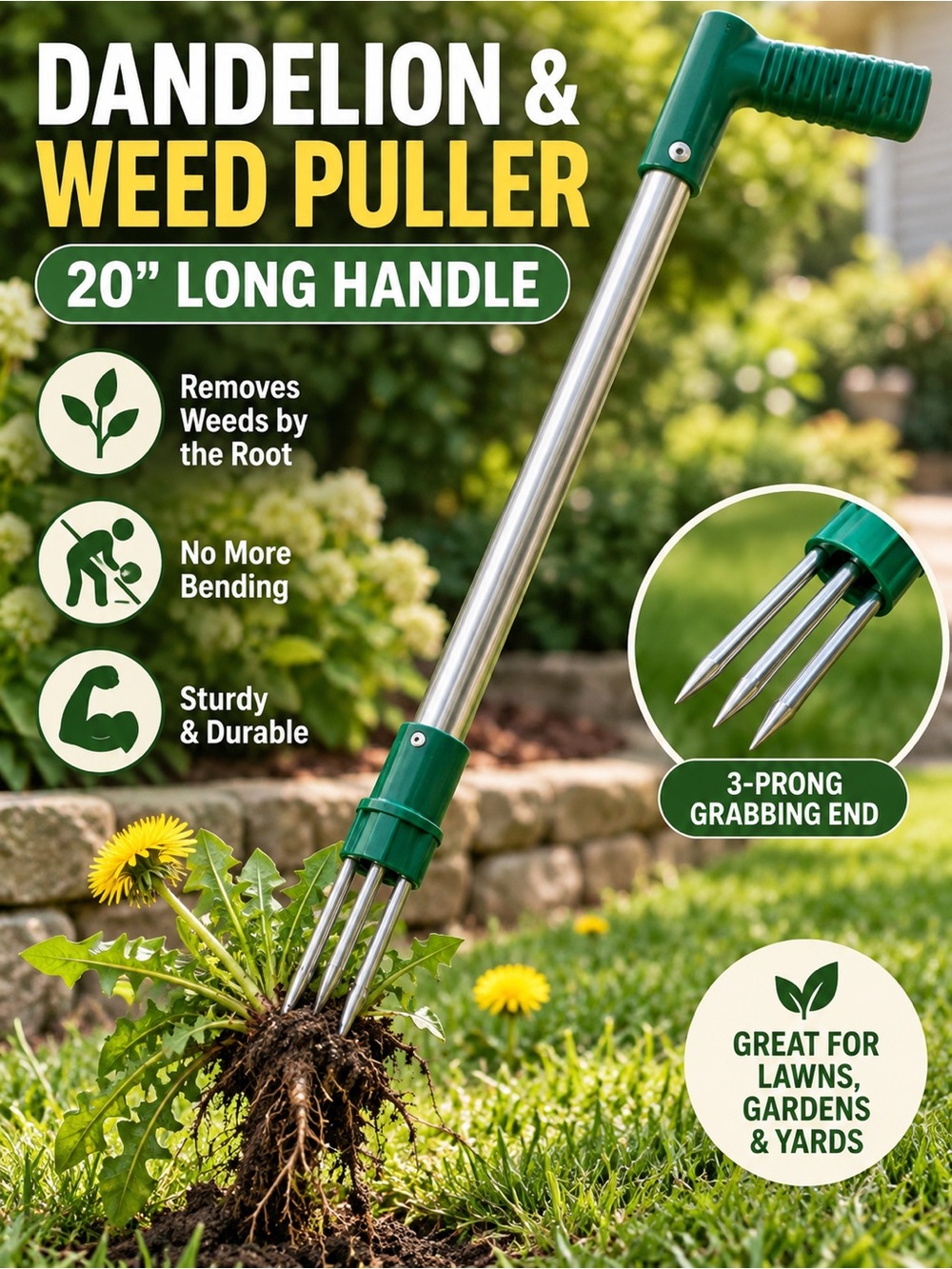 Dandelion Weed Puller Root Remover Garden Tool 20” Long Handle